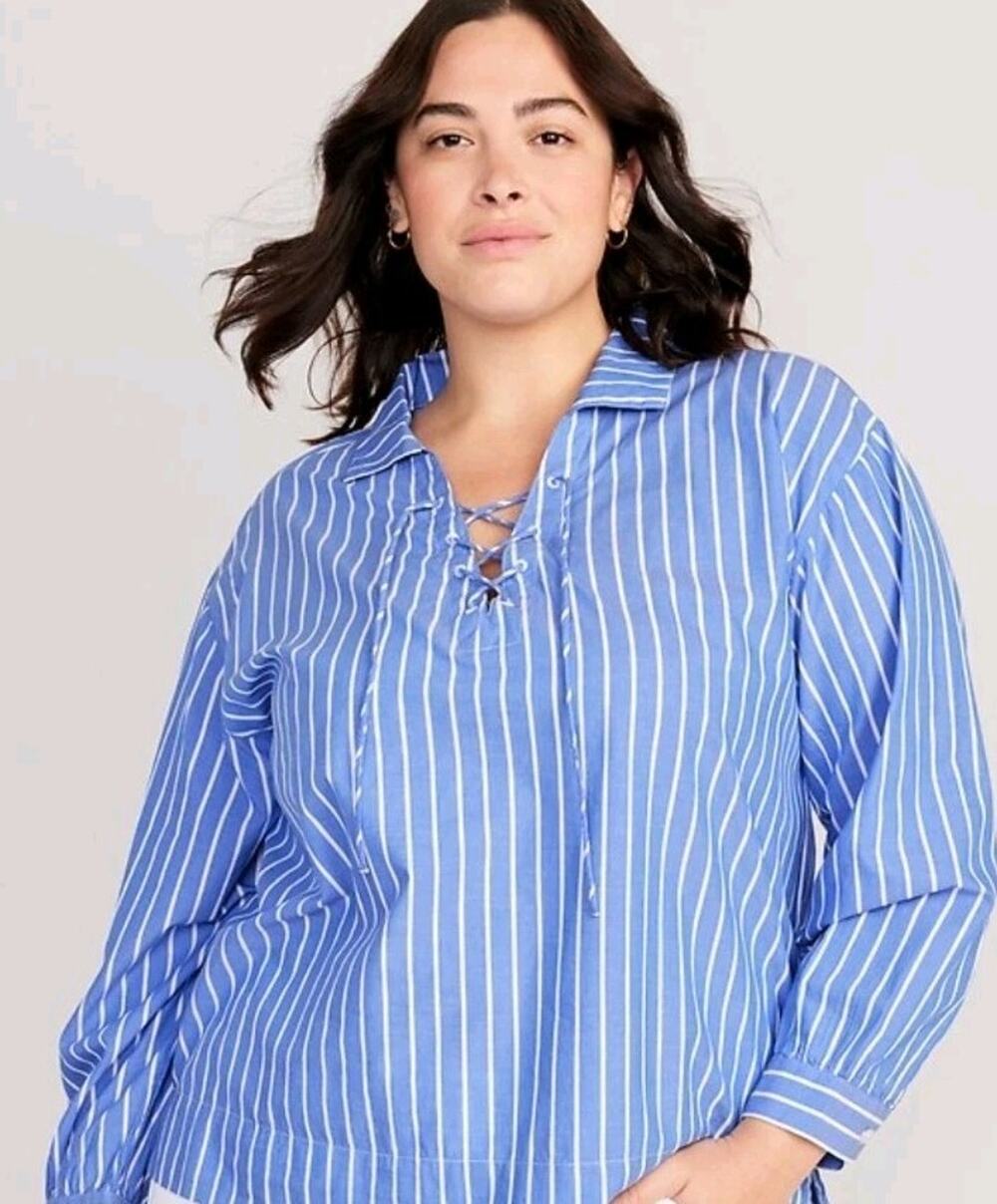 Old Navy Size XXL Long Sleeve Tie Front Notch Collar Shirt Blue White Top Womens